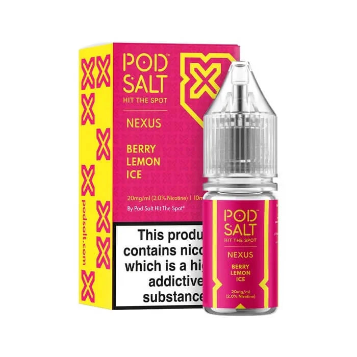 Pod Salt Nexus Berry Lemon Ice e-liquid bottle and packaging on a white background