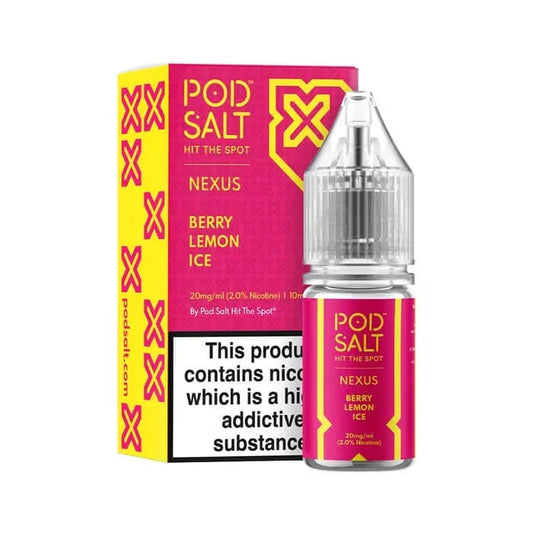 Pod Salt Nexus Berry Lemon Ice e-liquid bottle and packaging on a white background