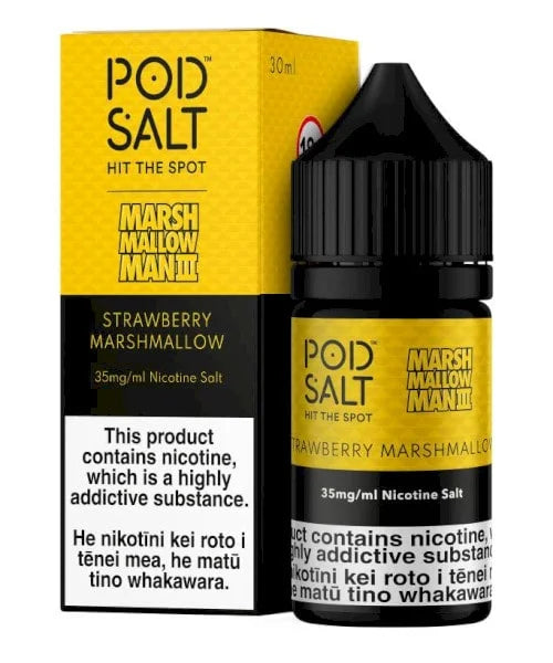 POD Salt Strawberry Marshmallow e-liquid bottle and packaging on a white background