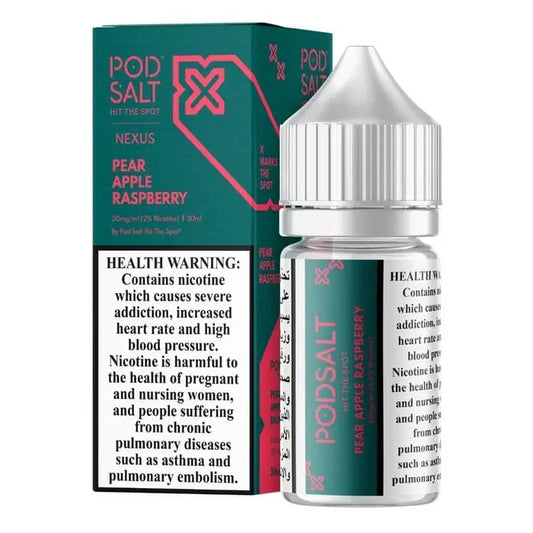 Pod Salt pear apple raspberry vape juice bottle and packaging on a white background