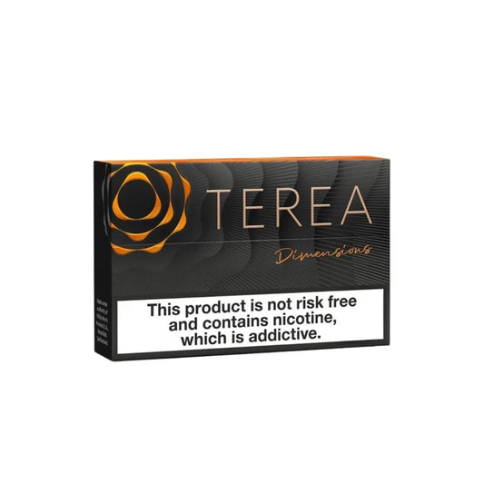 Terea Dimensions sticks packaging with a black and orange design on a white background