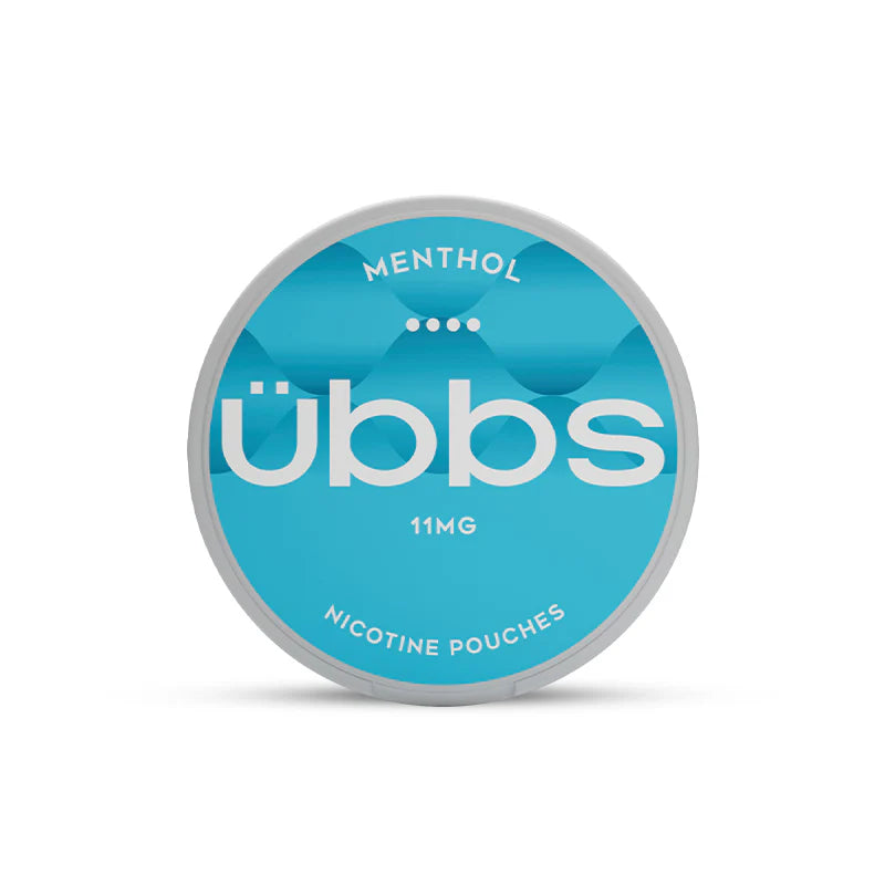 Blue container of ubbs menthol nicotine pouches with white text on a white background