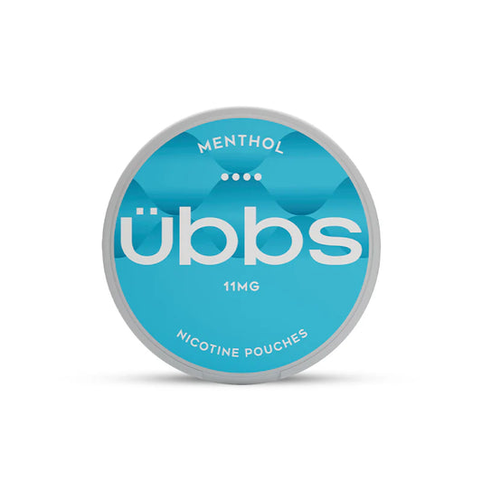 Blue container of ubbs menthol nicotine pouches with white text on a white background