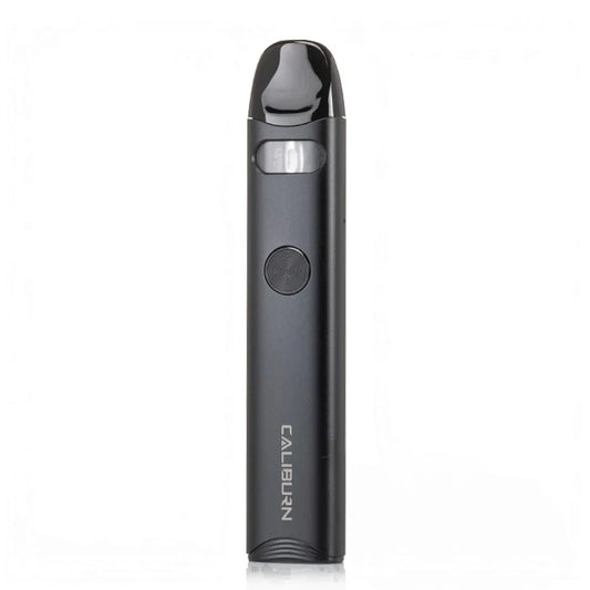 Black A3 Caliburn vape device standing vertically against a plain white background.