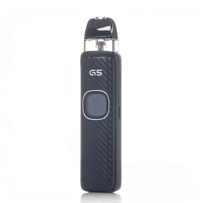 Caliburn G5 vape device with a black carbon fiber textured body, on plain white background.