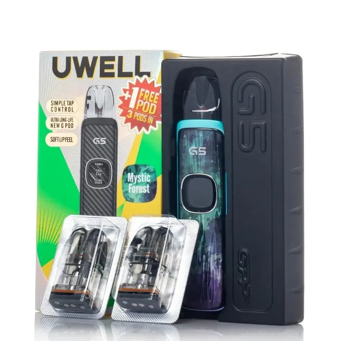 Uwell G5 vape kit with a black and teal device, two pod cartridges in blister packs, and the retail box on a white background.