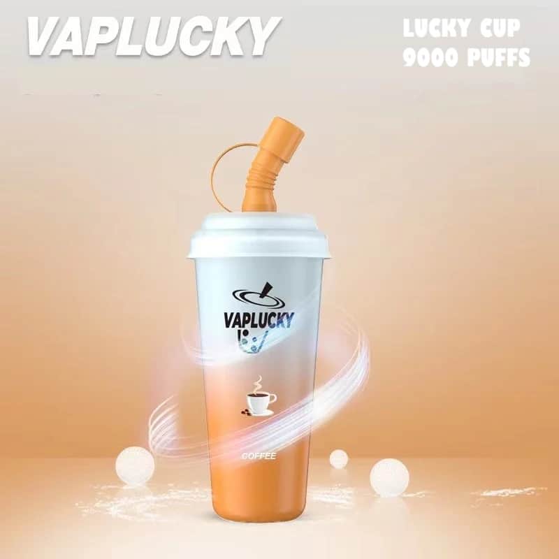 Vaplucky coffee cup vape with straw on a beige background