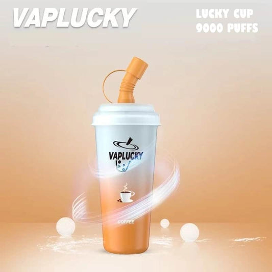 Vaplucky coffee cup vape with straw on a beige background