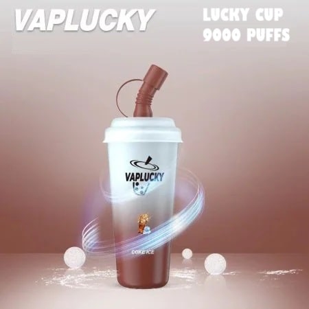 Vaplucky vape device with a coke ice flavour with cup design and straw