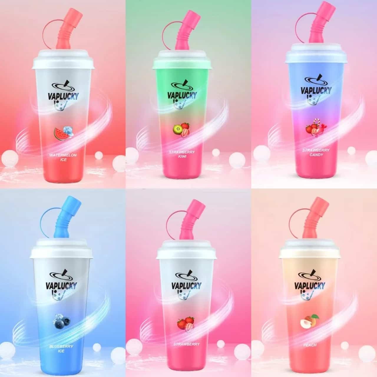 Collage of Vaplucky disposable vape, drinks with straws design
