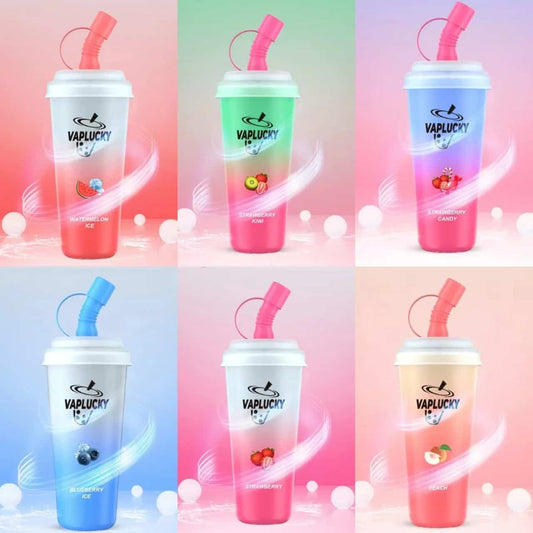 Collage of Vaplucky disposable vape, drinks with straws design
