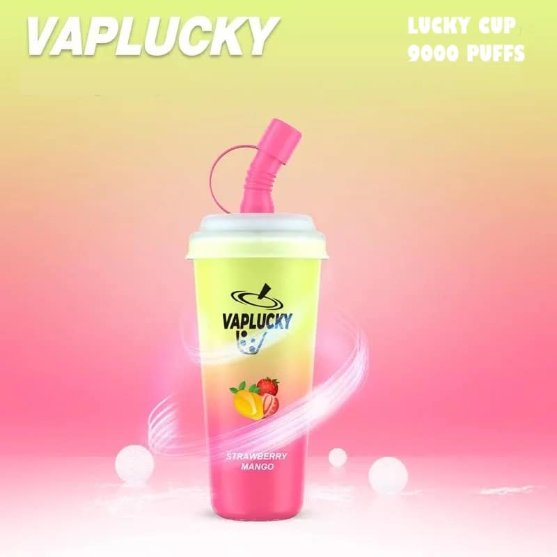 Vaplucky strawberry mango vape cup with pink straw on a gradient background