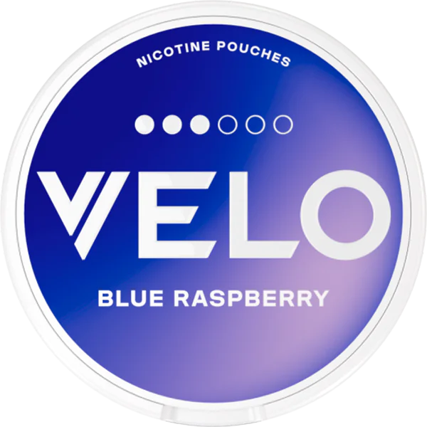 Velo nicotine pouch container with blue raspberry flavor text on a white background