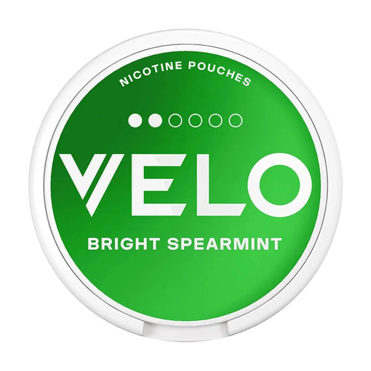 bright spearmint nicotine pouch container with 'VELO' branding on a white background