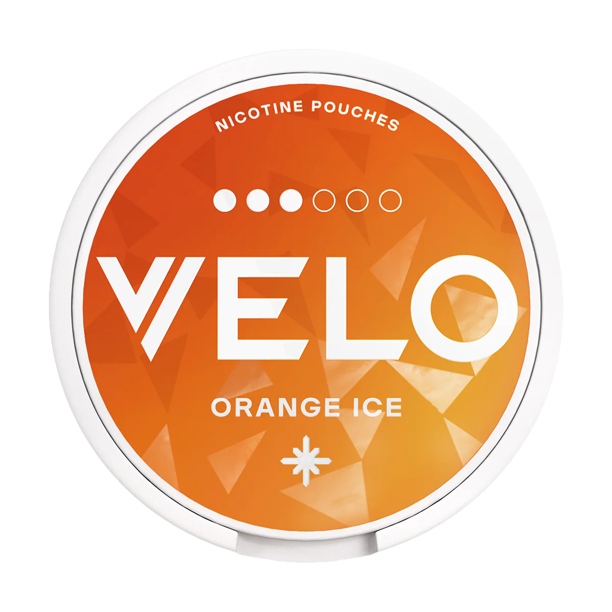 Orange ice flavored nicotine pouches container with 'VELO' branding on a white background