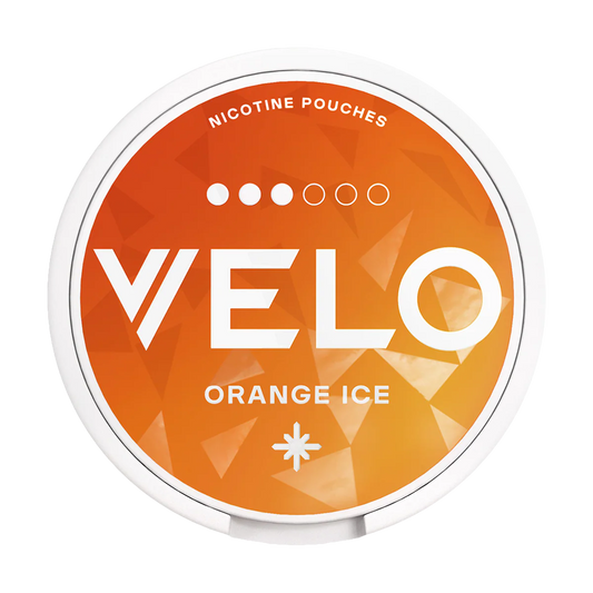 Orange ice flavored nicotine pouches container with 'VELO' branding on a white background