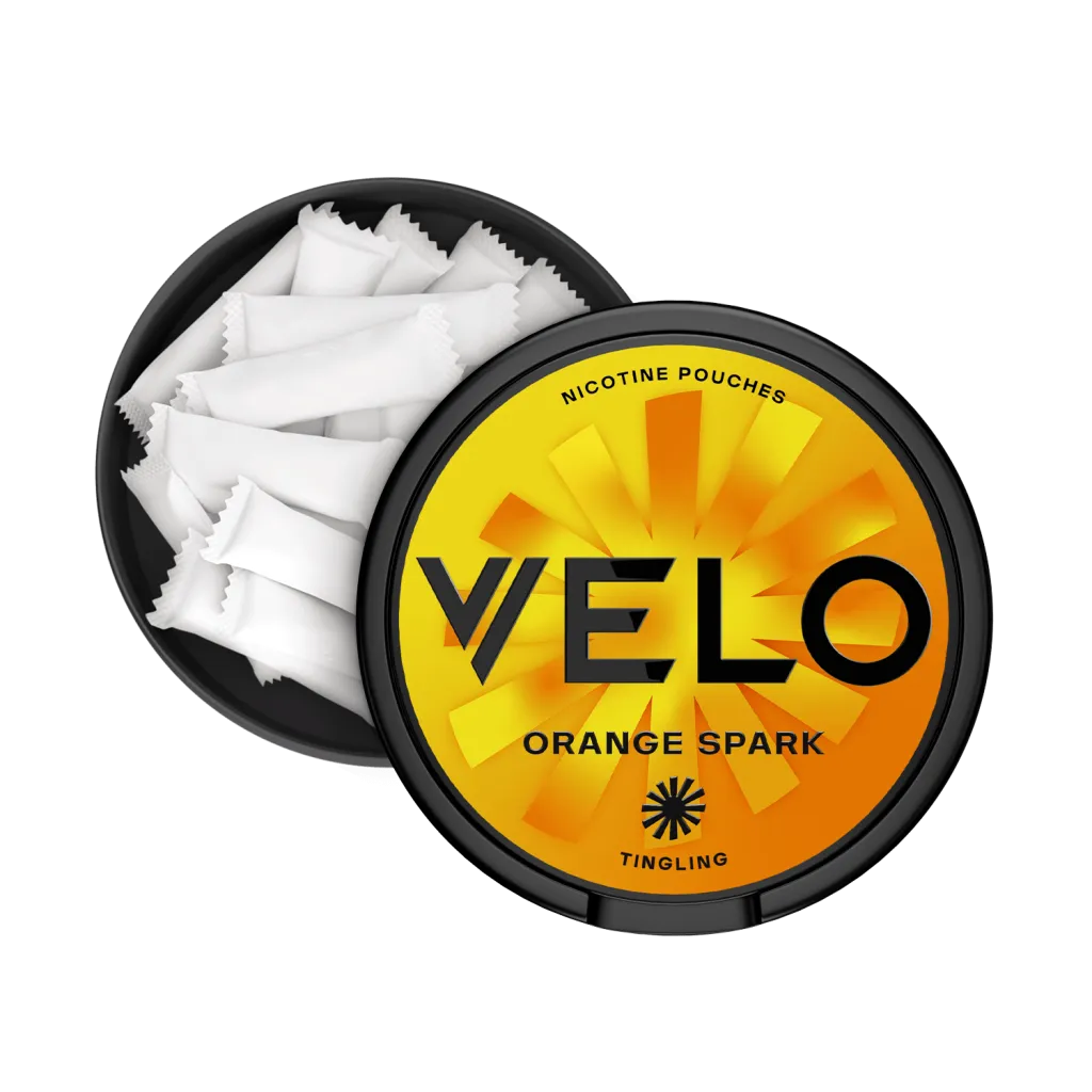 VELO nicotine pouches container of orange spark, on a white background