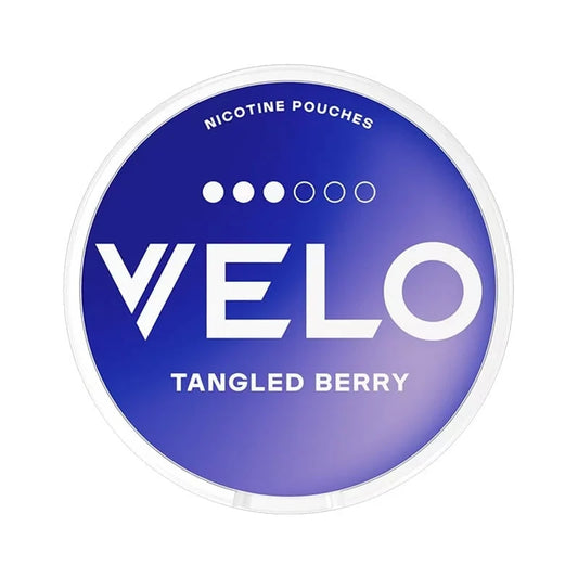 Velo nicotine pouch container with 'Tangled Berry' flavor on a white background