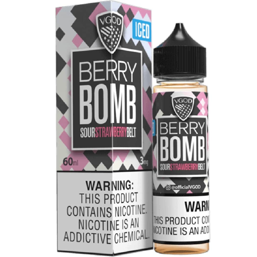 VGod Berry Bomb Sour Strawberry Belt vape juice bottle and packaging on a white background