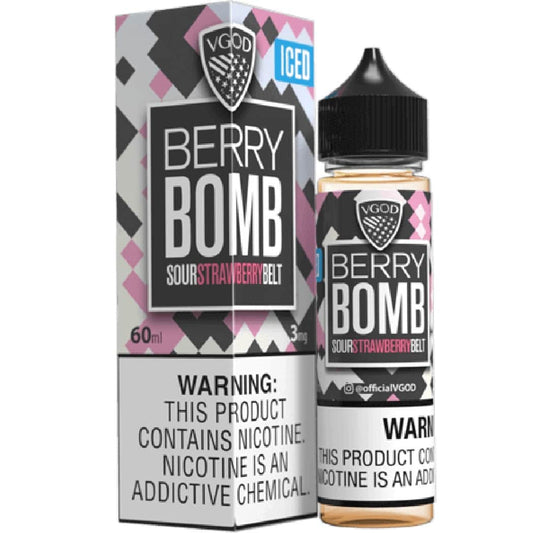 VGod Berry Bomb Sour Strawberry Belt vape juice bottle and packaging on a white background