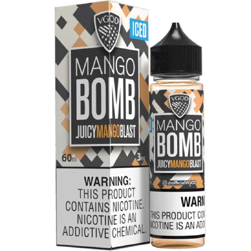 VGOD Mango Bomb Juicy Mango Blast e-liquid bottle and packaging on a white background