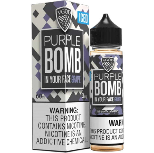 Vape juice bottle and packaging labeled 'Purple Bomb' by VGOD