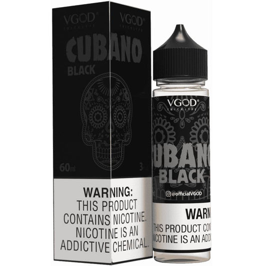 VGOD Cubano Black vape juice bottle and packaging on a white background