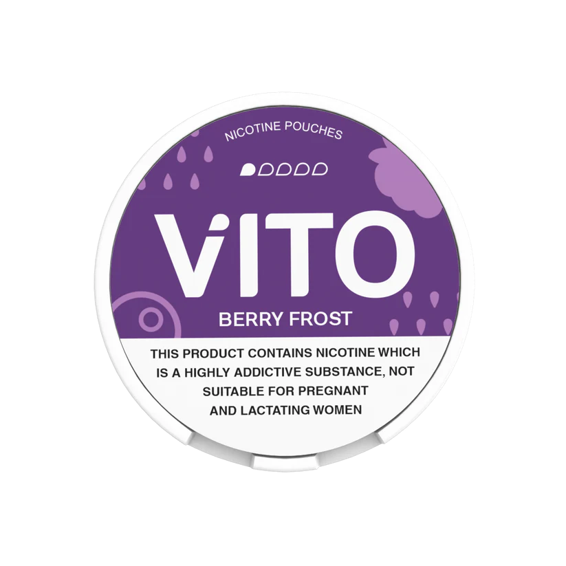 Vito berry frost 3mg nicotine pouch container with purple label on a white background