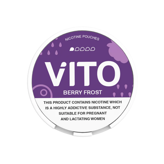 Vito berry frost 3mg nicotine pouch container with purple label on a white background