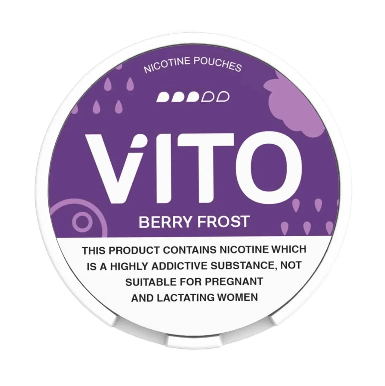 Vito berry frost 10mg nicotine pouch container with purple and white design on a white background