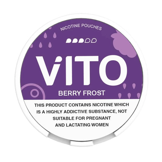 Vito berry frost 10mg nicotine pouch container with purple and white design on a white background