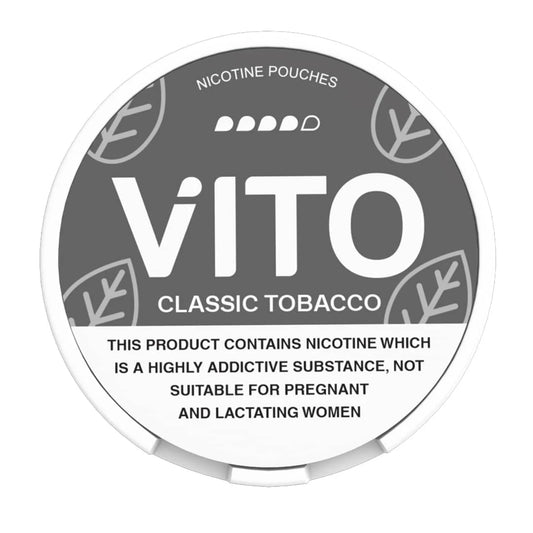 Vito Classic 14mg Tobacco nicotine pouch container with branding and warning text.