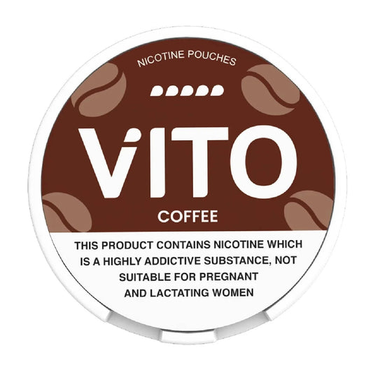 VITO Coffee nicotine pouches packaging with coffee beans design on a white background