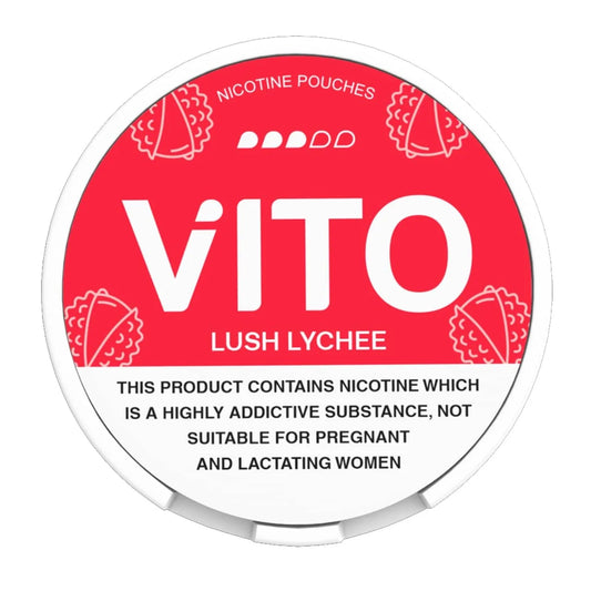 VITO lush lychee nicotine pouch container with red label and product information text.