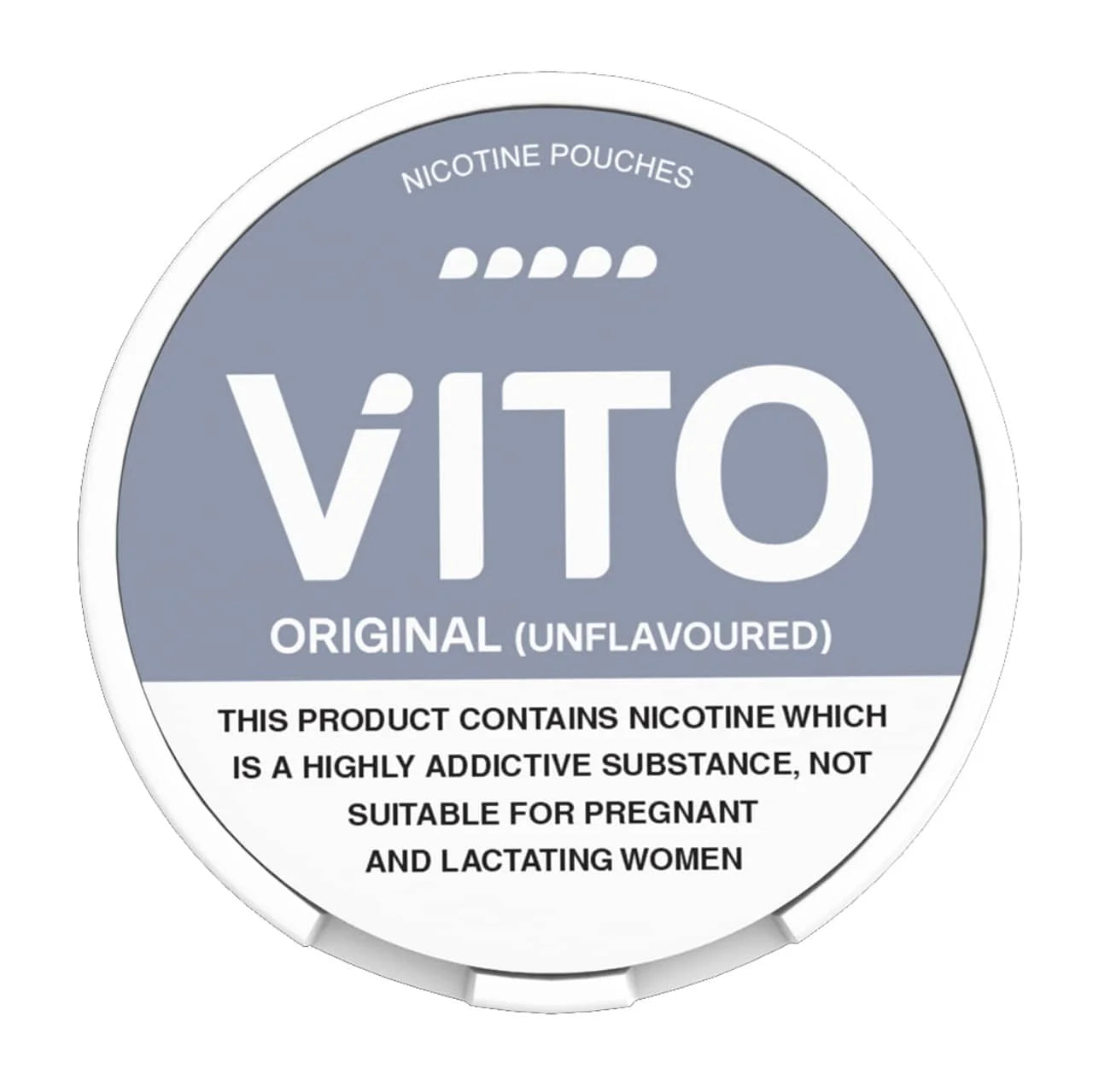 VITO original unflavoured nicotine pouch container with warning text on a white background