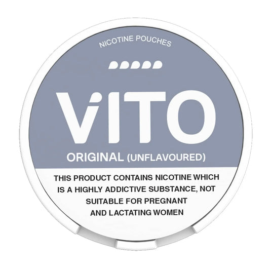 VITO original unflavoured nicotine pouch container with warning text on a white background