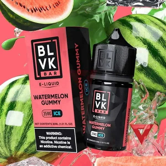 BLVK Bar E-Liquid Watermelon Gummy bottle and packaging with watermelons in the background