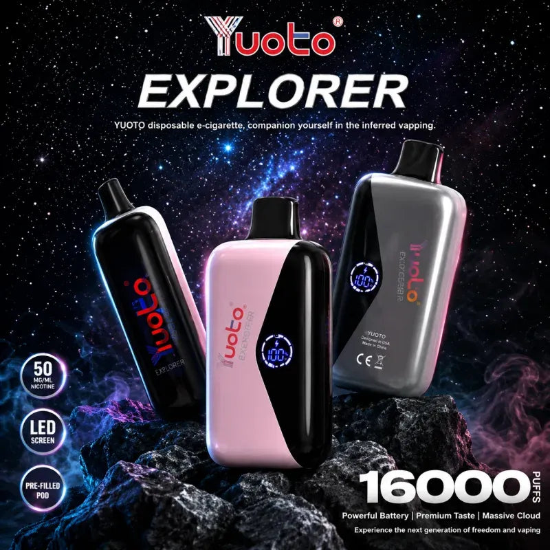 Three Yuoto Explorer disposable e-cigarettes in black, pink, and silver are displayed against a cosmic space background with rocks. The image includes text highlighting features like 5000 puffs, LED screens, pre-filled pods, and 16000 puffs.