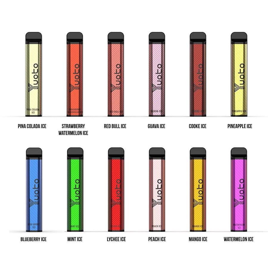 Assorted Yuoto vape devices in various colors with flavor names below on a white background