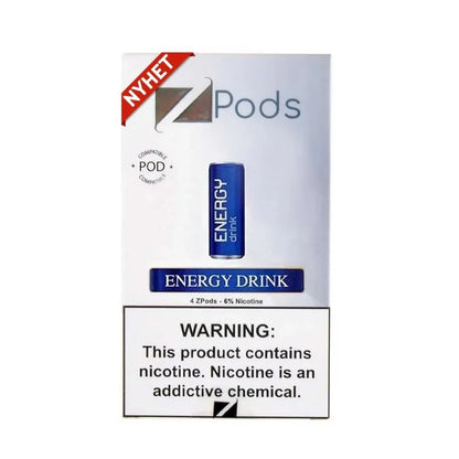Z Pods energy drink pod packaging with warning label on a white background