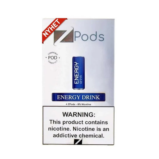 Z Pods energy drink pod packaging with warning label on a white background