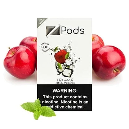 Z Pods red apple flavor packaging with nicotine warning label and red apples in the background
