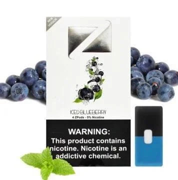 Ziip iced Blueberry pods with blueberries and mint leaves on a white background