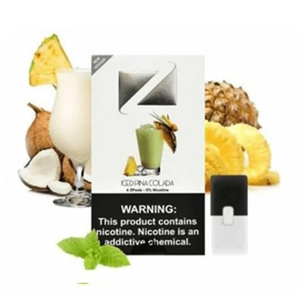 Ziip Iced Pina Colada juul pods packaging with pineapple, coconut, and mint elements on a white background.