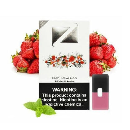 Ziip juul pods packaging with strawberries and mint leaves on a white background