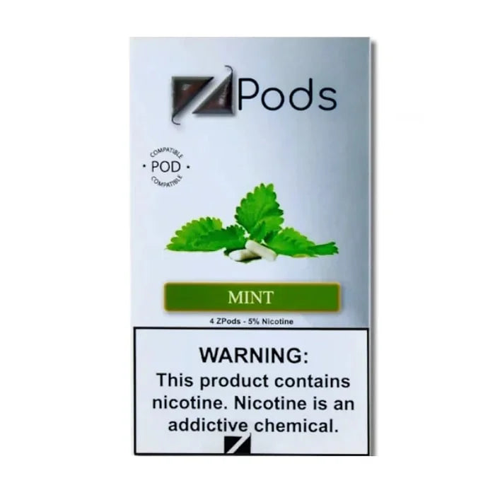 Ziip Pods Mint nicotine product packaging with mint leaf illustration on a white background