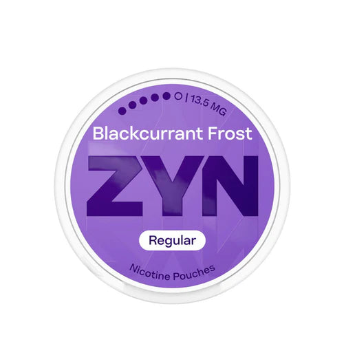 ZYN Blackcurrant Frost nicotine pouches packaging on a white background