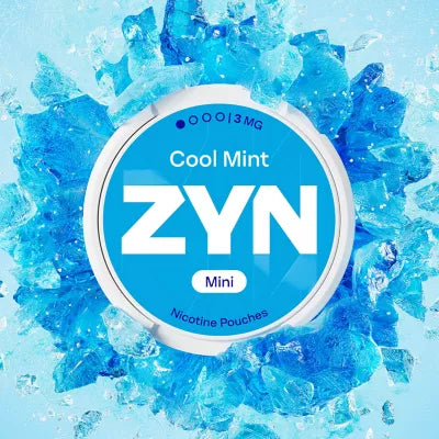 ZYN Cool Mint mini nicotine pouches packaging surrounded by blue ice cubes
